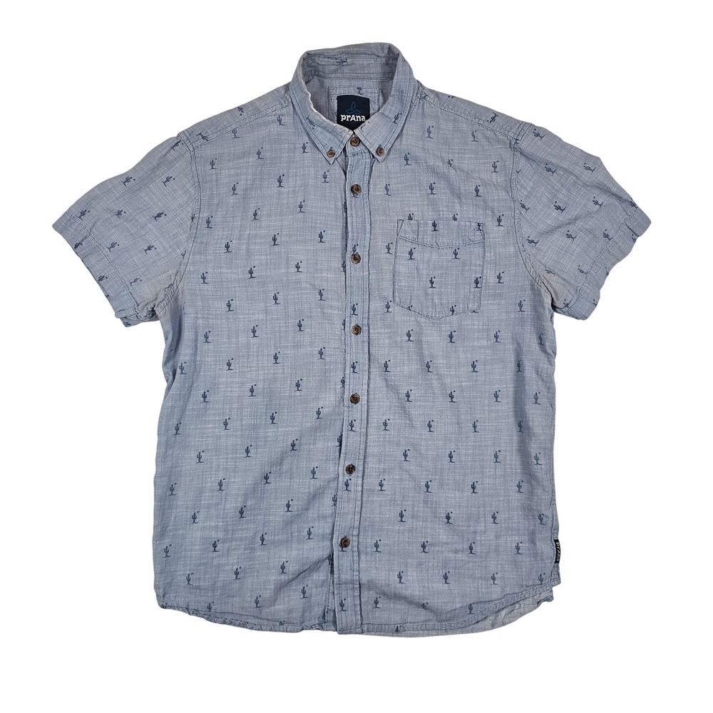 Prana Mens Large Blue Cactus Print Short Sleeve Button Down Shirt Chambray LRG